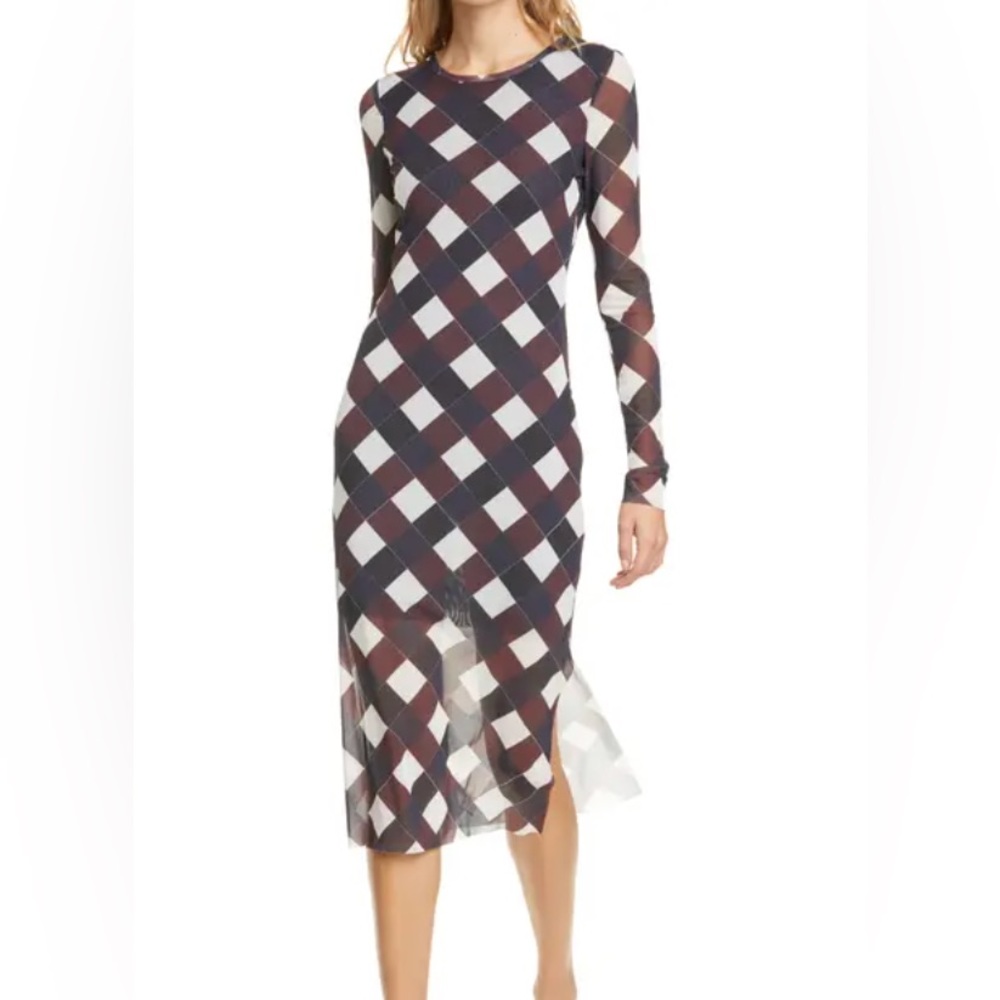 BAUM UND PFERDGARTEN Jolanda Brown Blue Mesh Long Sleeve Midi Dress size SMALL